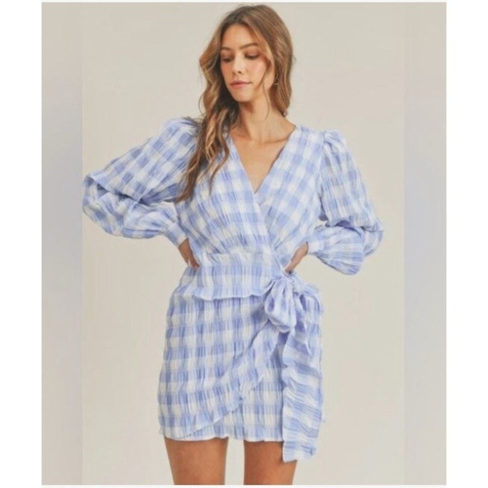 Mable Gingham Garden Party Wrap Dress Blue White Check Plaid Crinkle Crepe Small